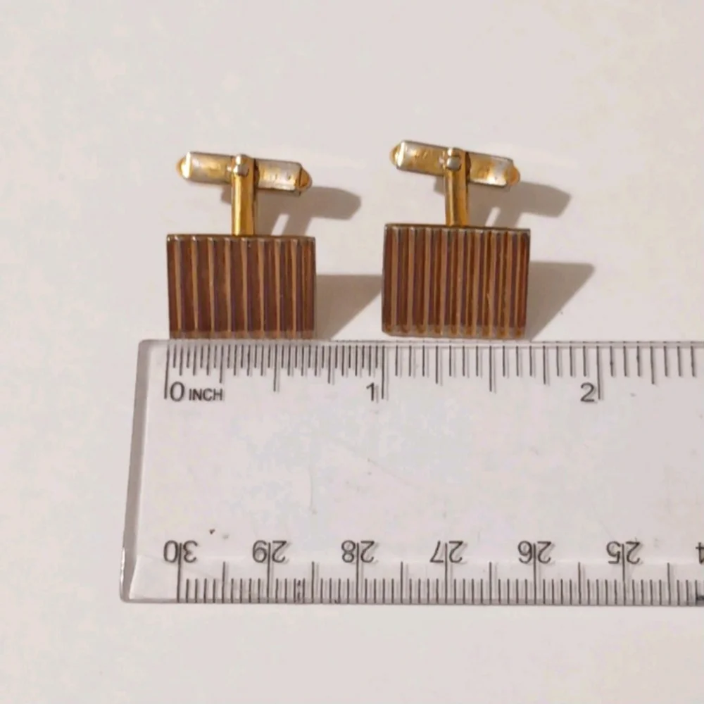 VTG Swank Gold Tone Engine Turned Ribbed Rectangular Cufflinks MCM Retro Formal - Picture 7 of 9